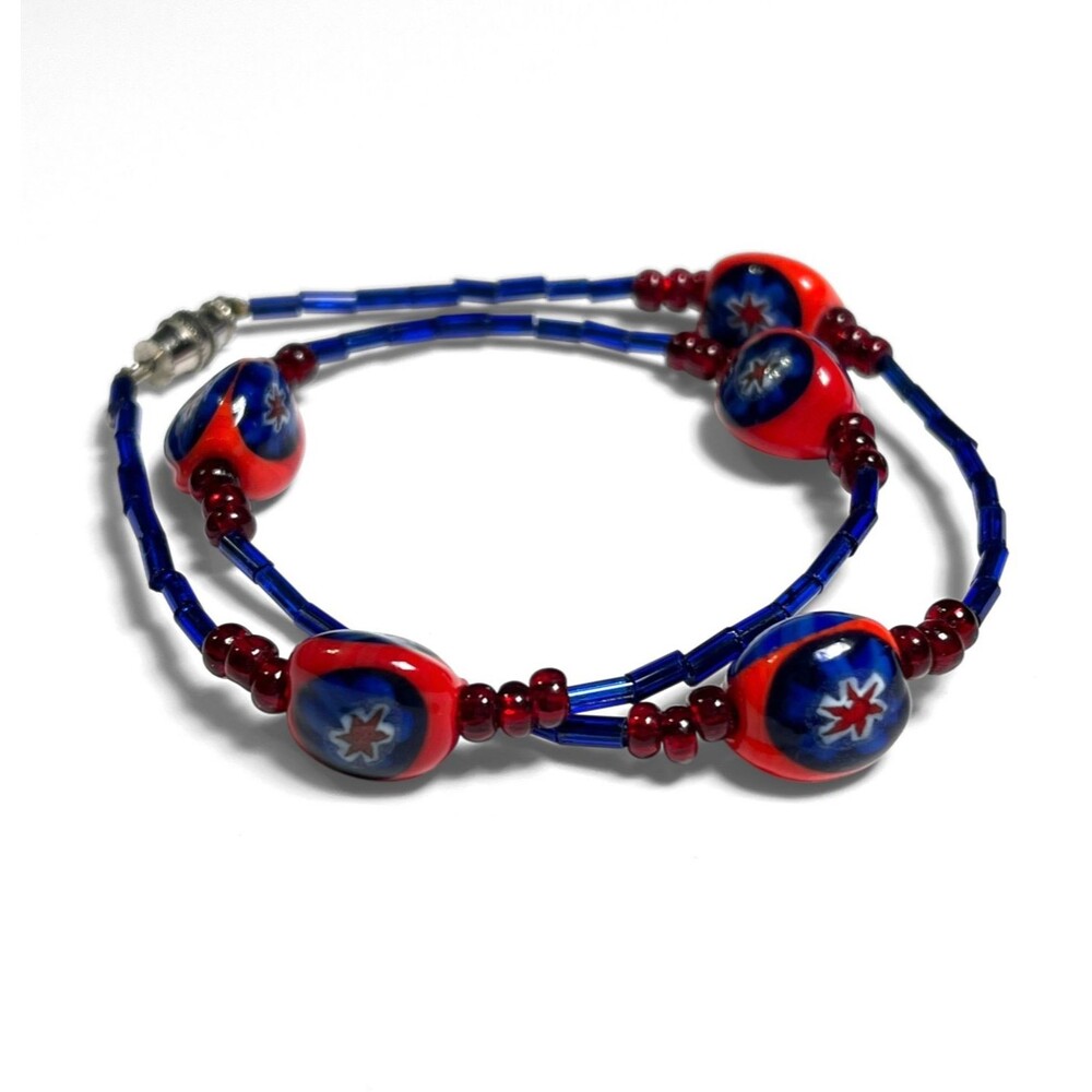 Vintage Venetian Style Glass Beaded Necklace Lampwork Star Choker Red Blue 15"